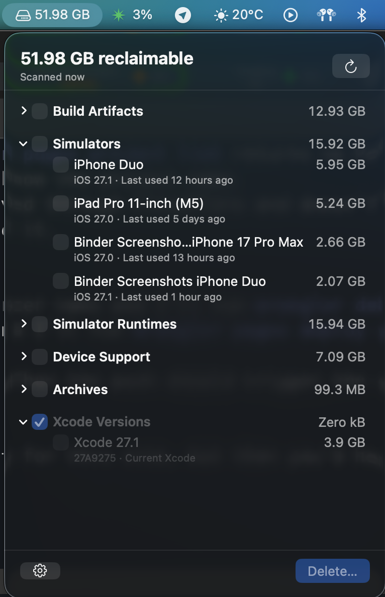 Ugh Xcode menu bar app showing reclaimable disk space